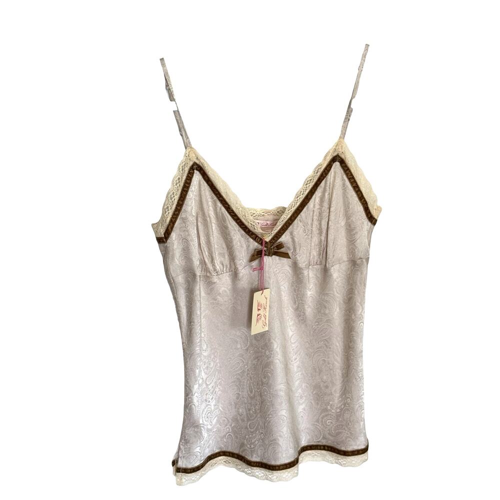 NWT Gold Hawk silk women cami top velvet trim size Small paisley brown bow lace